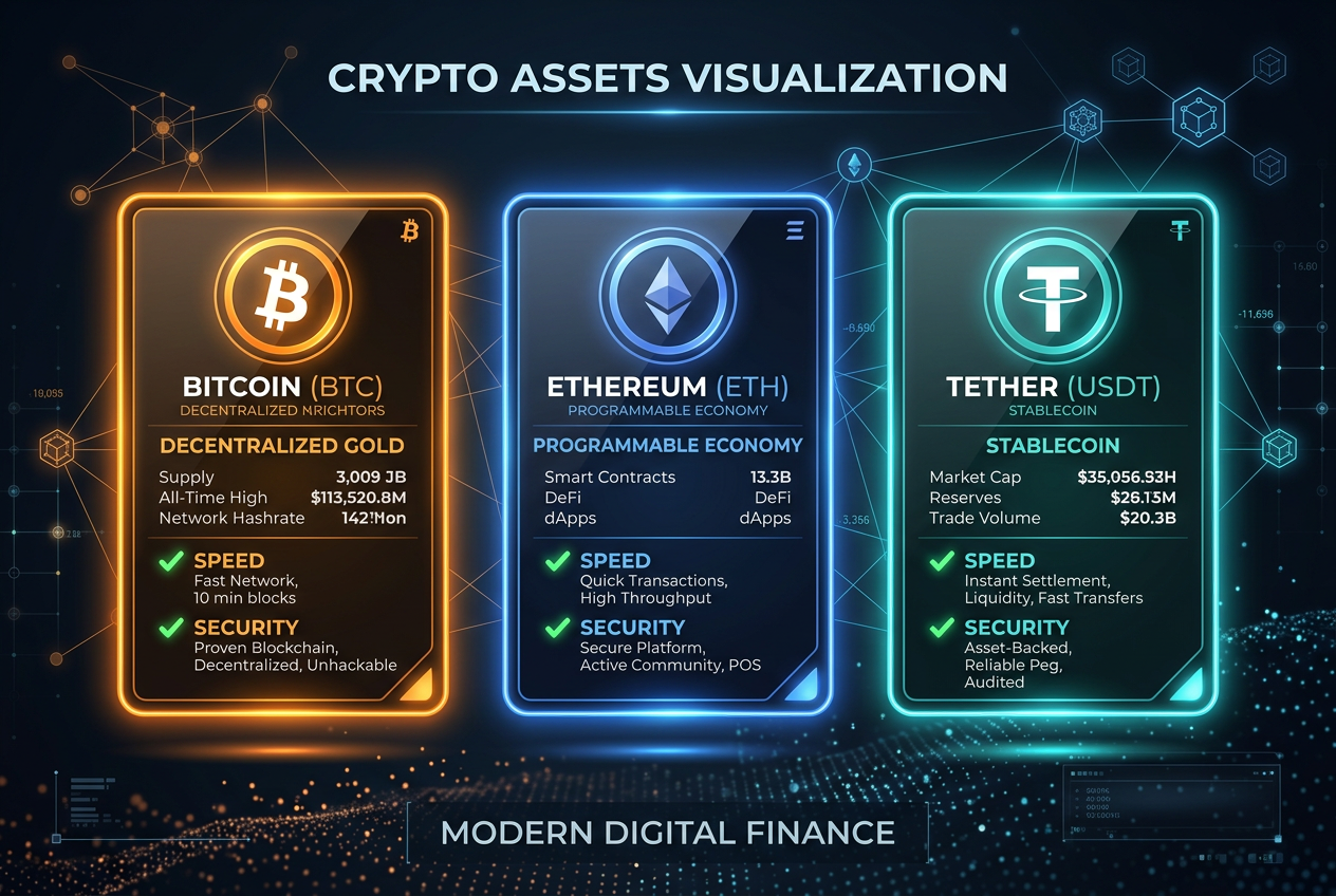 Logotypy kryptowalut Bitcoin Ethereum Litecoin i Tether na kartach płatniczych