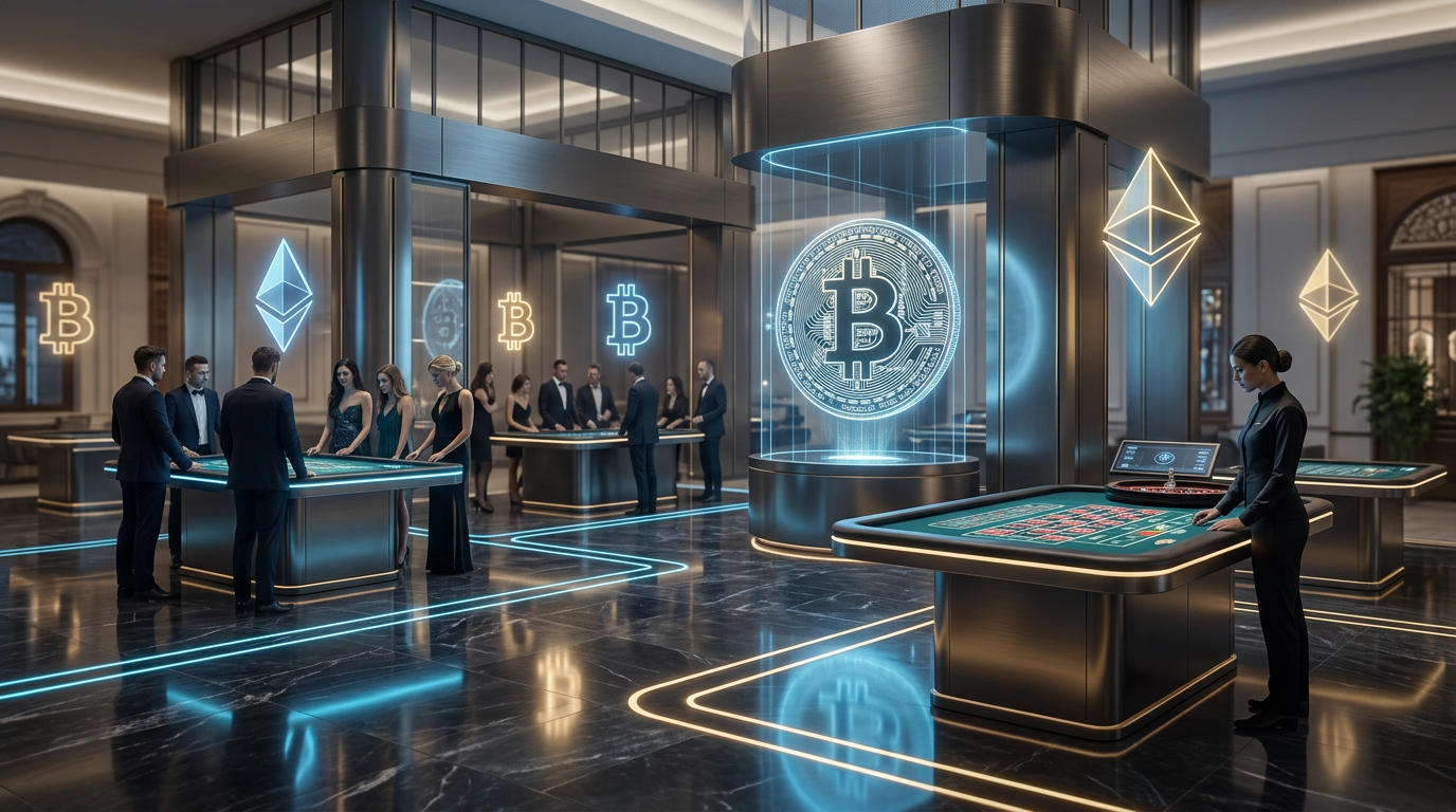Futurystyczne kasyno kryptowalutowe z symbolami Bitcoina i Ethereum